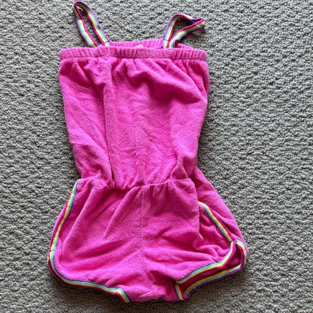 GAP Bright Pink Terry Romper with Rainbow-Trim Straps